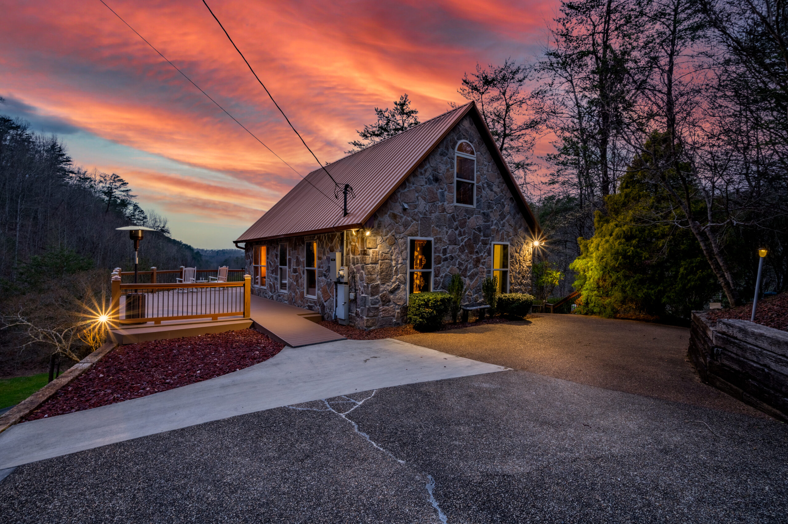 Welcoming stone cabin in the Smoky mountains at sunset